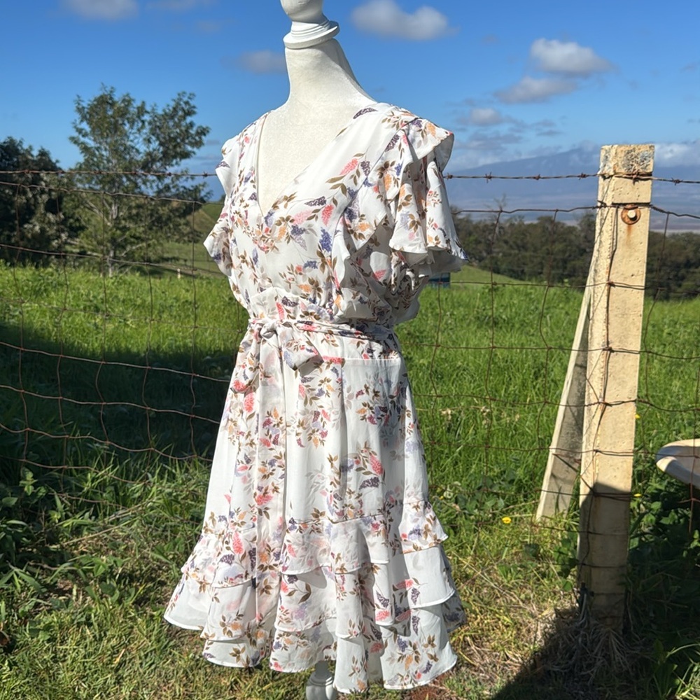 City Chic Floral V-Neck Mini Dress - White and Pink - Picture 4 of 12
